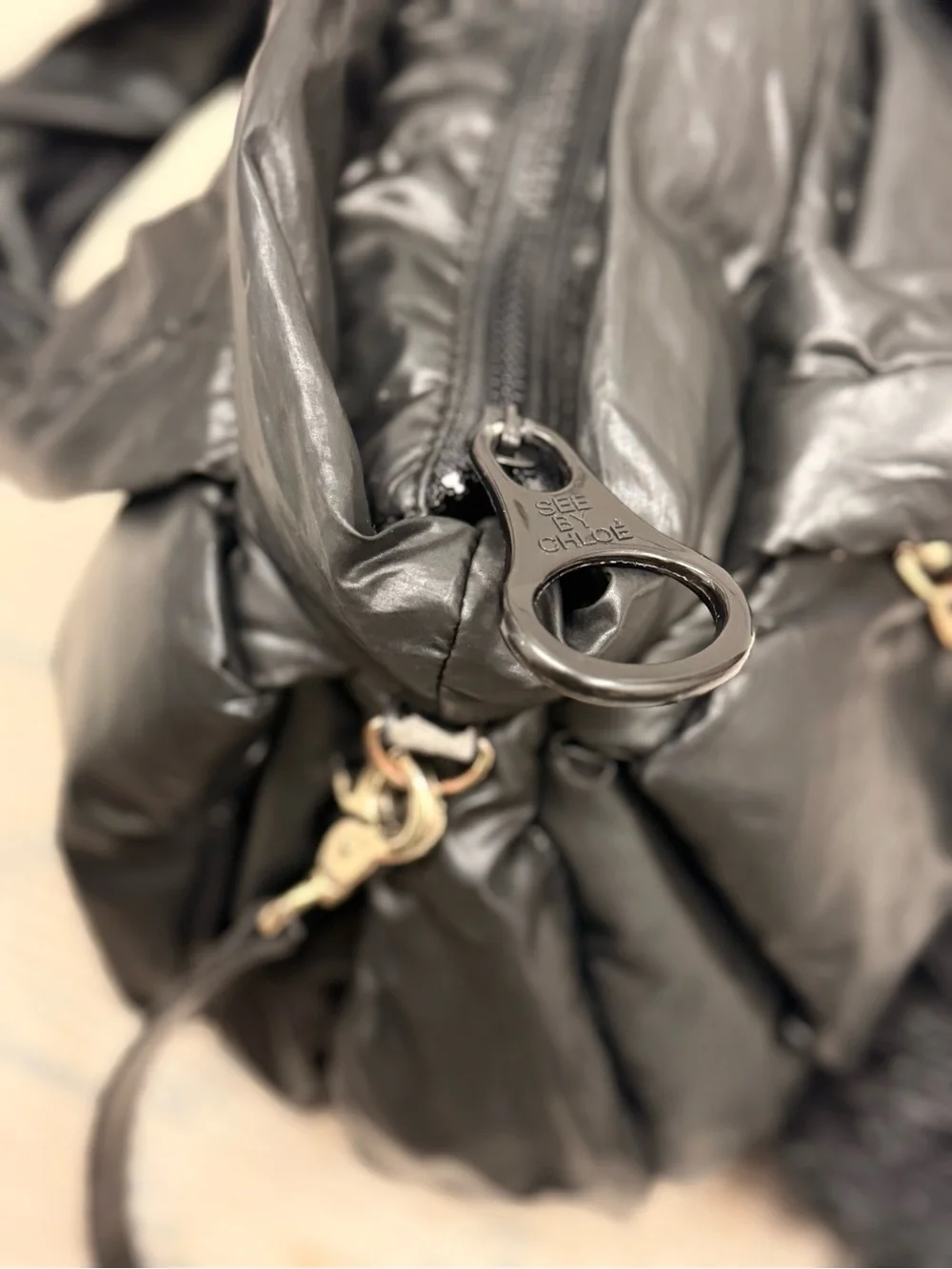 SEE BY CHLOE Y2K “Joy Rider” Black Puffy Nylon 2-Way Crossbody Bag W/ Charms